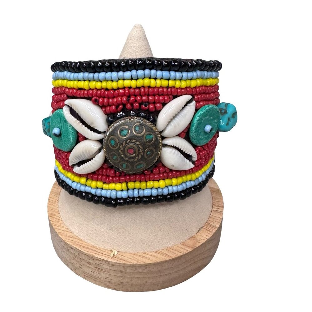 Vintage Tibetan Open Cuff Decorated Turquoise, Cowrie Shells Coral Glass Beads